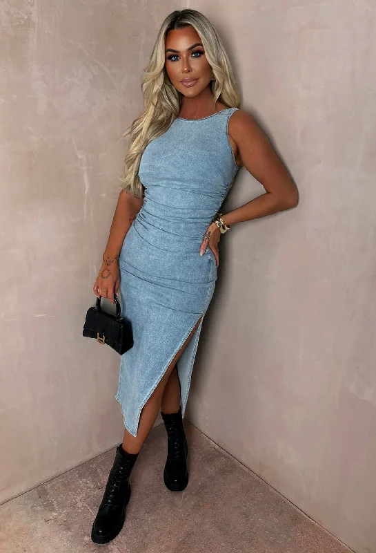 Velvet midi dresses in jewel tones for a glamorous winter eventRebel Edge Mid Blue Stretch Denim Ruched Midi Dress Velvet midi dresses in jewel tones for a glamorous winter eventRebel Edge Mid Blue Stretch Denim Ruched Midi Dress