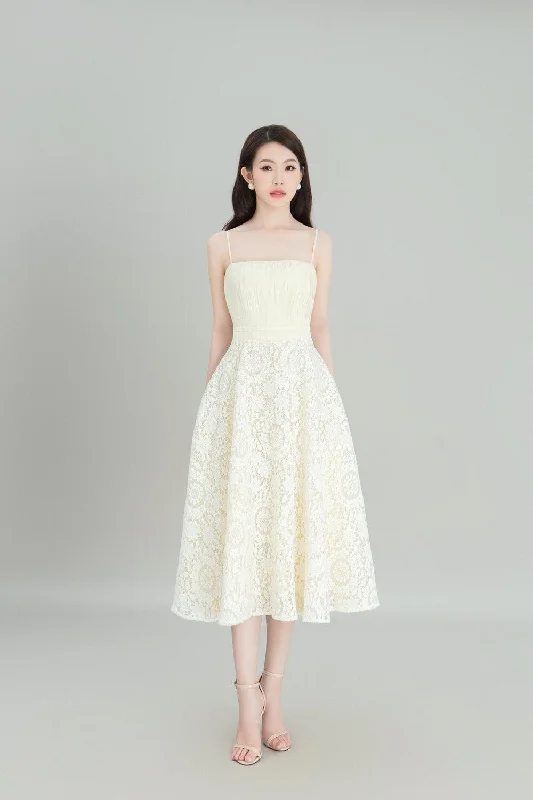 Midi dresses with ruched bodices for a feminine and fitted feelSora Fit and Flare Camisole Lace Midi Dress
