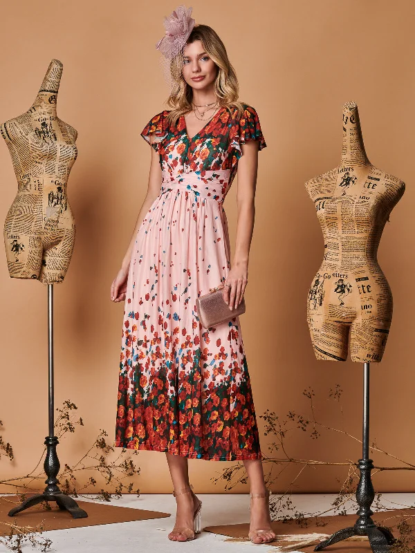 Midi dresses with patchwork patterns for a one - of - a - kind styleSymmetrical Floral Print Mesh Maxi Dress, Coral Pink Midi dresses with patchwork patterns for a one - of - a - kind styleSymmetrical Floral Print Mesh Maxi Dress, Coral Pink