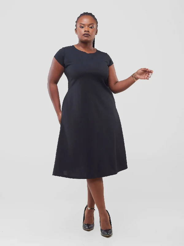 Midi dresses with wrap - around skirts for a customizable fitTimyt Urban Official Cap Sleeved Round Neck Shift Dress - Black Midi dresses with wrap - around skirts for a customizable fitTimyt Urban Official Cap Sleeved Round Neck Shift Dress - Black