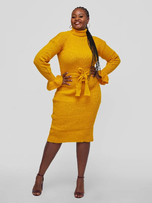 Midi dresses with embroidered accents for a unique and detailed designTuli Nashua Turtle Neck Sweater Dress - Mustard Midi dresses with embroidered accents for a unique and detailed designTuli Nashua Turtle Neck Sweater Dress - Mustard