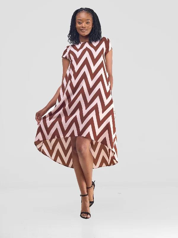 Midi dresses with button - front designs for a classic touchJema High Low Tent Dress - Brown / Pink Print Midi dresses with button - front designs for a classic touchJema High Low Tent Dress - Brown / Pink Print