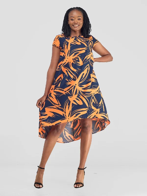 Midi dresses with tassel accents for a bohemian and free - spirited styleJema High Low Tent Dress - Navy / Orange Print Midi dresses with tassel accents for a bohemian and free - spirited styleJema High Low Tent Dress - Navy / Orange Print
