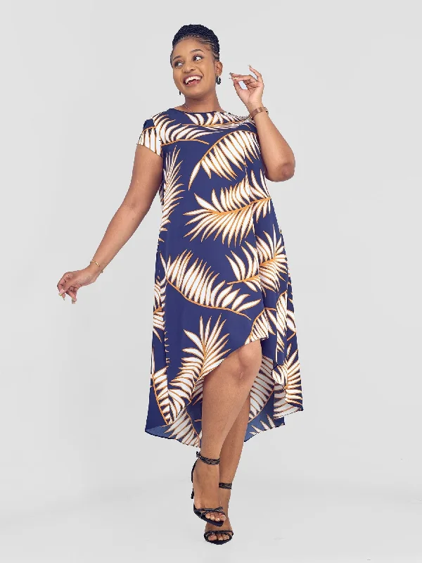 Midi dresses with cold - shoulder cutouts for a trendy styleJema High Low Tent Dress - Navy / White Palm Leaves Print Midi dresses with cold - shoulder cutouts for a trendy styleJema High Low Tent Dress - Navy / White Palm Leaves Print