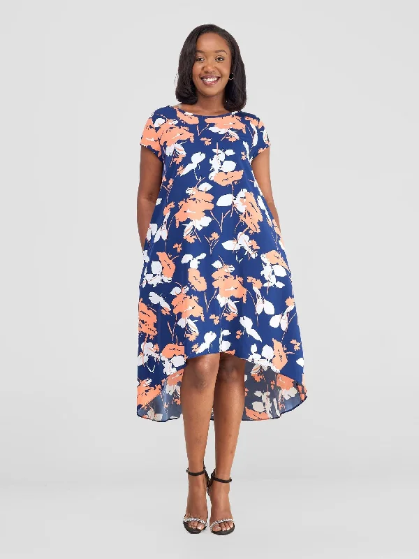 Midi dresses with satin - finish fabrics for a luxurious feelJema High Low Tent Dress - Navy / White Floral Print Midi dresses with satin - finish fabrics for a luxurious feelJema High Low Tent Dress - Navy / White Floral Print