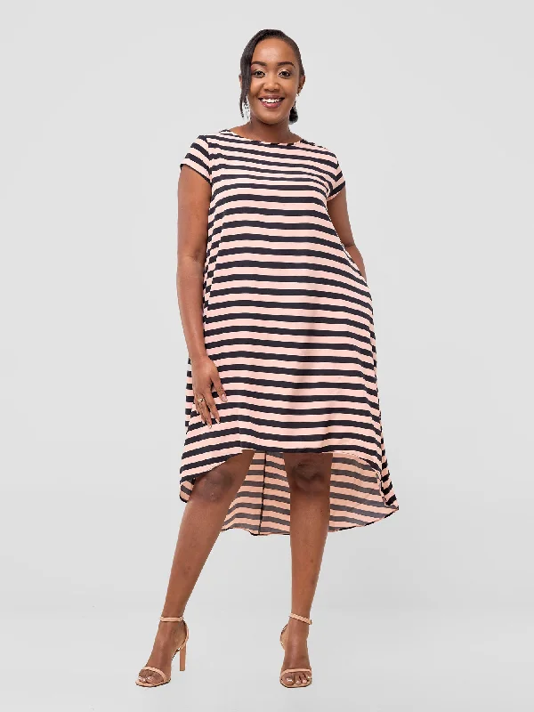 Midi dresses with belted waists to accentuate the figureJema High Low Tent Dress - Peach / Black Print Midi dresses with belted waists to accentuate the figureJema High Low Tent Dress - Peach / Black Print
