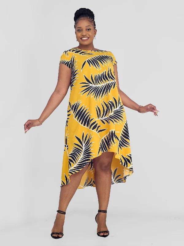 Midi dresses with belted waists to accentuate the figureJema High Low Tent Dress - Yellow/Black Palm Leaves Print Midi dresses with belted waists to accentuate the figureJema High Low Tent Dress - Yellow/Black Palm Leaves Print