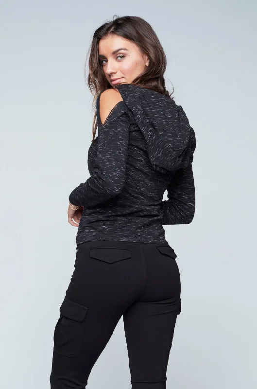 Bootcut women jeans to complement various shoe stylesHooded Cut-Out Top - Black Mix