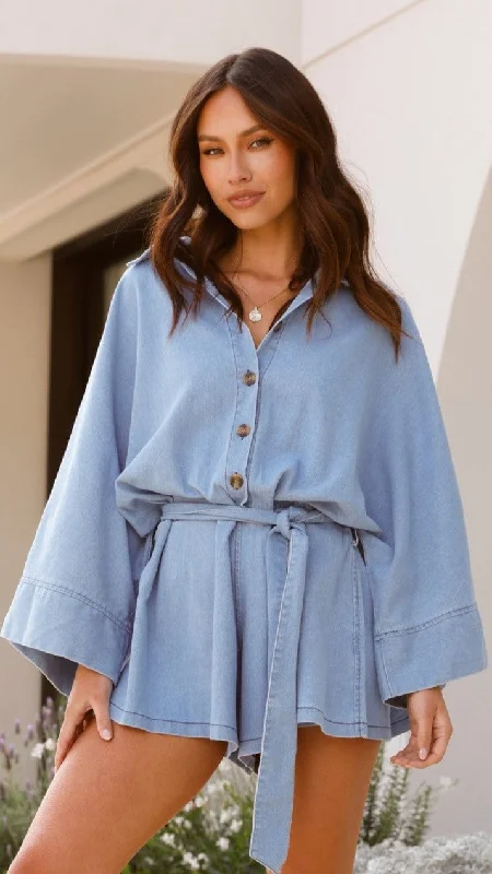 Embroidered women jeans with intricate patternsSophia Playsuit - Mid Blue Denim