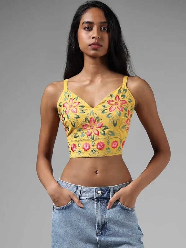 Women's printed floral pants High - waisted women jeans for a flattering silhouette Bombay Paisley Mustard Yellow Floral Embroidered Blended Linen Crop Top Women's printed floral pants High - waisted women jeans for a flattering silhouette Bombay Paisley Mustard Yellow Floral Embroidered Blended Linen Crop Top
