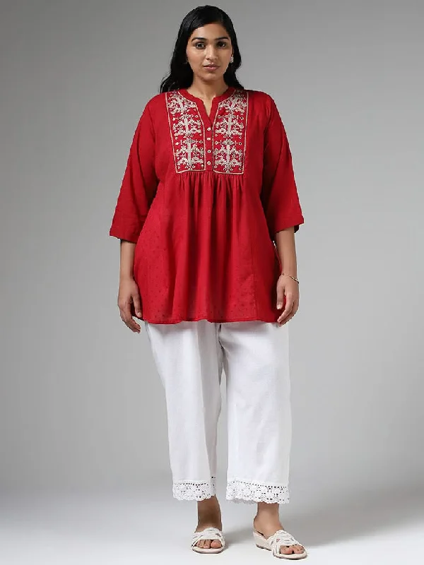 Women's hand - made artisanal pants Acid - wash women jeans with a retro finish Diza Red Mirror Embroidered Pleated Kurti