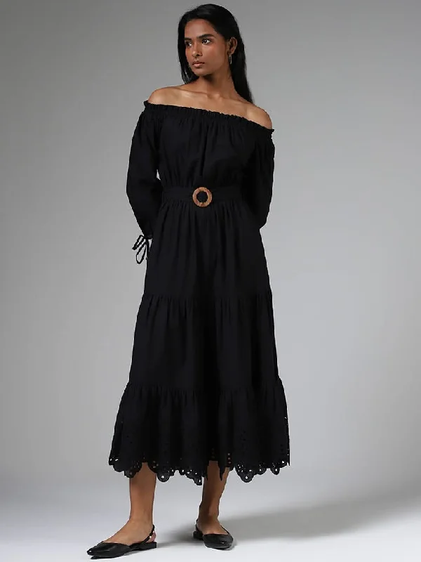 Women's junior - sized denim pants Distressed women jeans for a trendy and edgy look LOV Black Off Shoulder Tiered Dress with Belt Women's junior - sized denim pants Distressed women jeans for a trendy and edgy look LOV Black Off Shoulder Tiered Dress with Belt