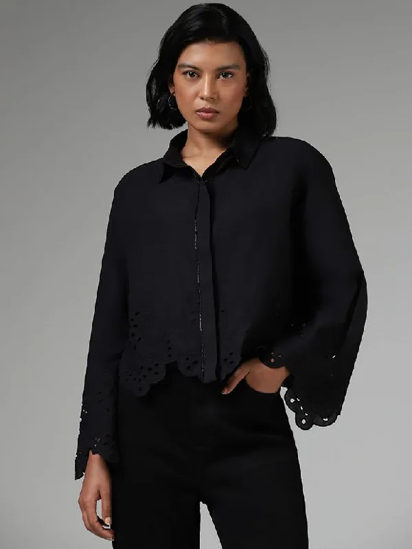 Women's ruffled hem dress pants Cargo women jeans with multiple pockets for added functionality LOV Cut-Work Embroidered Black Shirt Women's ruffled hem dress pants Cargo women jeans with multiple pockets for added functionality LOV Cut-Work Embroidered Black Shirt