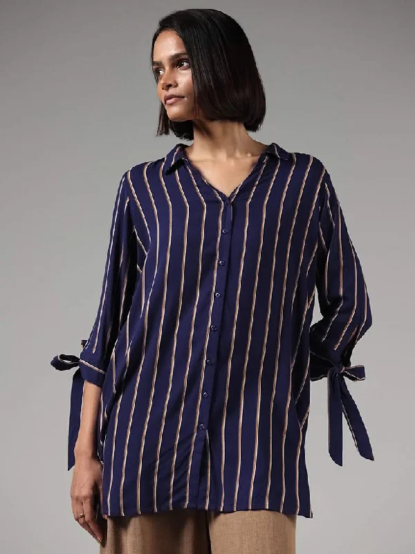 Women's lace - trimmed evening pants Light - wash women jeans for a fresh and summery appearance LOV Indigo Blue Striped Tie-Up Sleeves Shirt Women's lace - trimmed evening pants Light - wash women jeans for a fresh and summery appearance LOV Indigo Blue Striped Tie-Up Sleeves Shirt