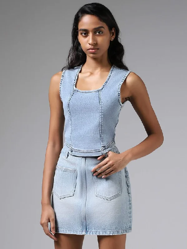Women's one - piece jumpsuit pants Embroidered women jeans with intricate patterns Nuon Light Blue Denim Crop Top Women's one - piece jumpsuit pants Embroidered women jeans with intricate patterns Nuon Light Blue Denim Crop Top