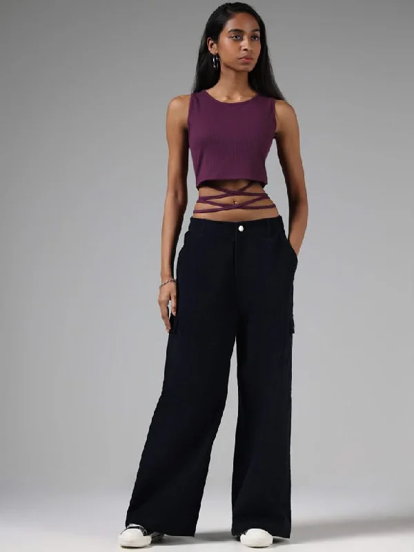 Women's pants with thermal lining Wide - leg women jeans for a modern and relaxed vibe Nuon Solid Navy Blue Corduroy Pants Women's pants with thermal lining Wide - leg women jeans for a modern and relaxed vibe Nuon Solid Navy Blue Corduroy Pants