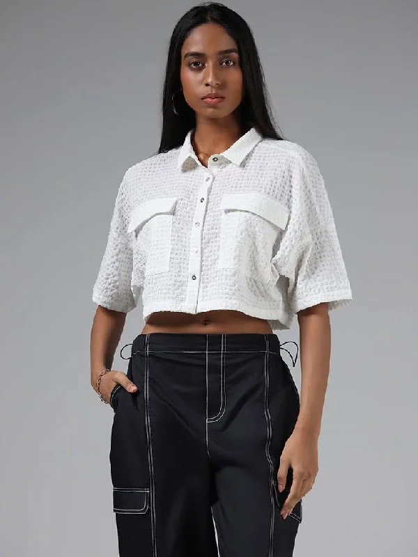 Women's recycled - material workout pants Wide - leg women jeans for a modern and relaxed vibe Nuon White Self Textured Crop Shirt Women's recycled - material workout pants Wide - leg women jeans for a modern and relaxed vibe Nuon White Self Textured Crop Shirt