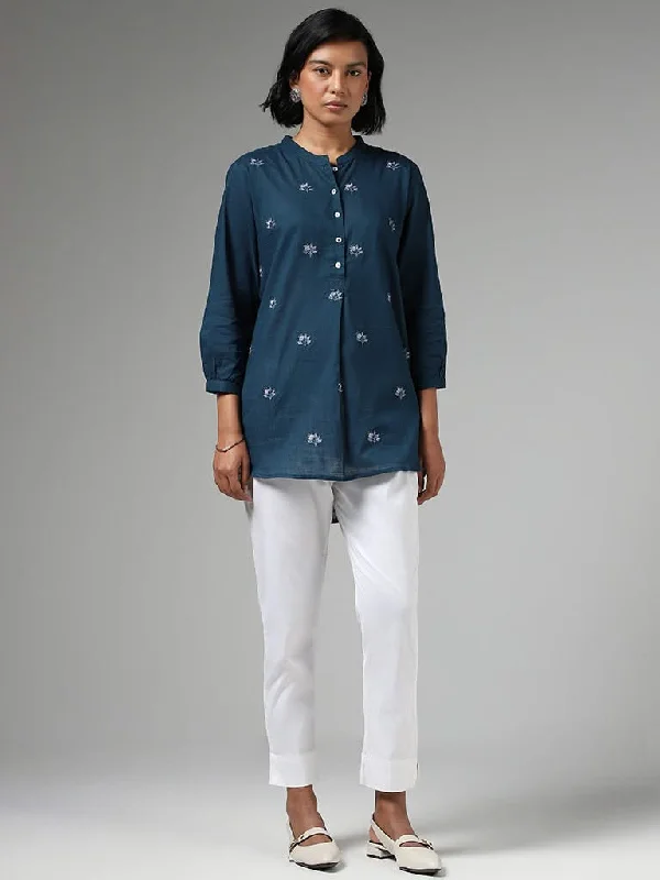 Women's two - piece pant set Ripped women jeans for a rebellious and fashion - forward style Utsa Floral Embroidered Blue Kurti Women's two - piece pant set Ripped women jeans for a rebellious and fashion - forward style Utsa Floral Embroidered Blue Kurti