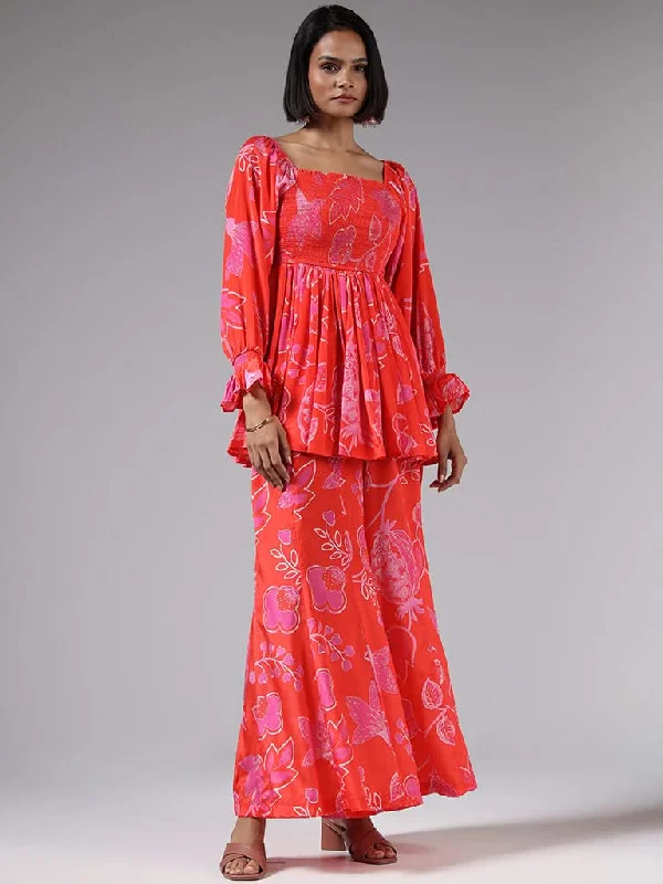 Women's pants for travel Embellished women jeans with studs or rhinestones for a glamorous touch Vark Bright Orange Floral Print Smocked Kurti & Palazzos Set Women's pants for travel Embellished women jeans with studs or rhinestones for a glamorous touch Vark Bright Orange Floral Print Smocked Kurti & Palazzos Set