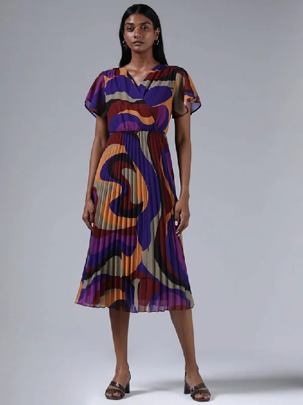 Women's summer - weight linen pants High - waisted women jeans for a flattering silhouette Wardrobe Purple Abstract Printed Pleated Slim Fit Dress Women's summer - weight linen pants High - waisted women jeans for a flattering silhouette Wardrobe Purple Abstract Printed Pleated Slim Fit Dress