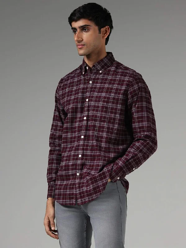 Women's long - length casual pants Straight - leg women jeans with a classic and timeless appeal WES Casuals Wine Checked Relaxed-Fit Shirt Women's long - length casual pants Straight - leg women jeans with a classic and timeless appeal WES Casuals Wine Checked Relaxed-Fit Shirt