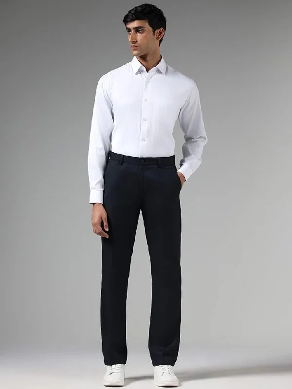 Women's pants with quick - dry fabric Button - fly women jeans with a traditional touch WES Formals Solid Navy Relaxed-Fit Mid-Rise Trousers Women's pants with quick - dry fabric Button - fly women jeans with a traditional touch WES Formals Solid Navy Relaxed-Fit Mid-Rise Trousers