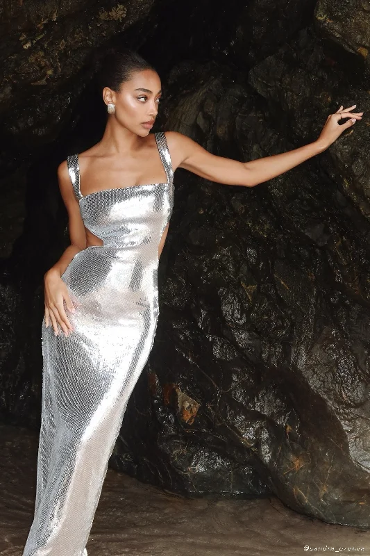 Sequined maxi dresses for formal evening galasAdoria Sequin Cut Out Maxi Dress - Silver
