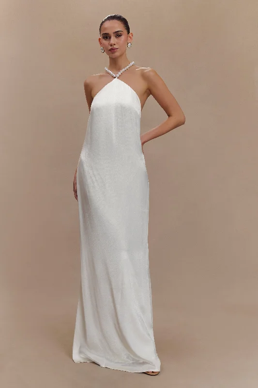 Maxi dresses with bow accents at the waist for a sweet appearanceBlanche Satin Pearl Halter Maxi Dress - White Maxi dresses with bow accents at the waist for a sweet appearanceBlanche Satin Pearl Halter Maxi Dress - White