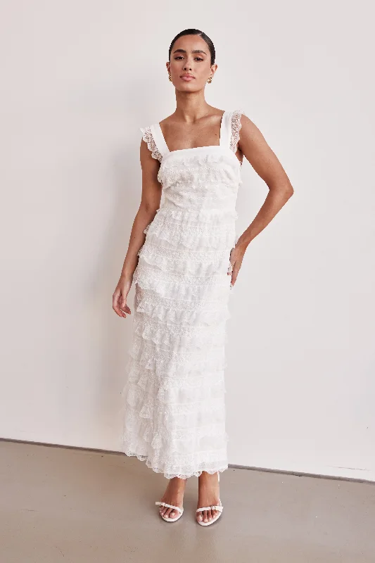 Sheer maxi dresses with lace overlays for a romantic touchCamilla Maxi Dress (White) Sheer maxi dresses with lace overlays for a romantic touchCamilla Maxi Dress (White)