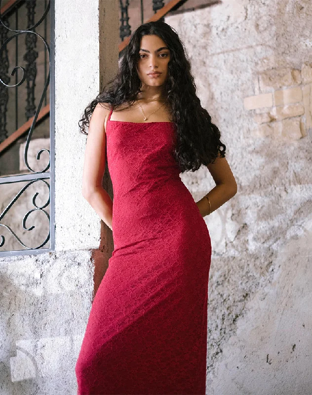Maxi dresses with bow accents at the waist for a sweet appearanceCantha Maxi Dress in Mari Lace Red Maxi dresses with bow accents at the waist for a sweet appearanceCantha Maxi Dress in Mari Lace Red