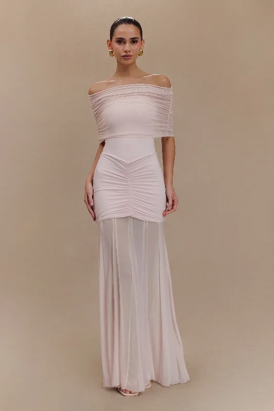 Cotton maxi dresses for a comfortable and everyday - wear optionCaspian Slinky And Mesh Off Shoulder Maxi Dress - Pale Pink Cotton maxi dresses for a comfortable and everyday - wear optionCaspian Slinky And Mesh Off Shoulder Maxi Dress - Pale Pink