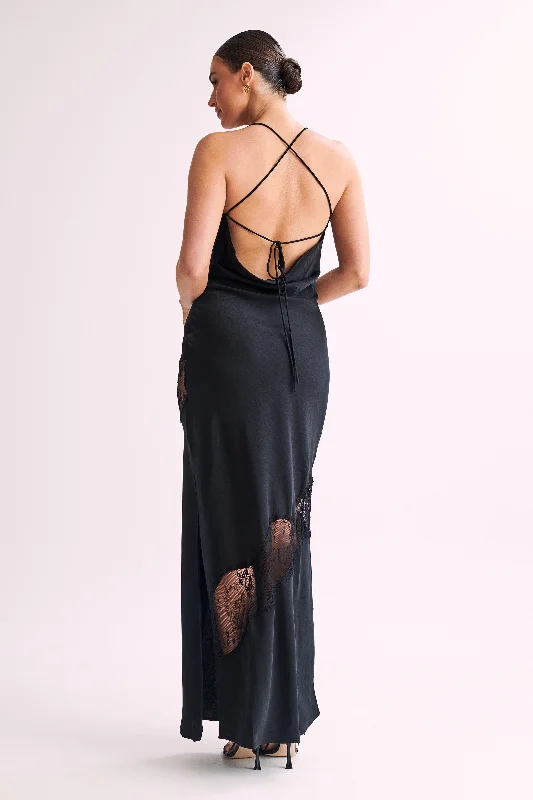Maxi dresses with mesh panels for a sexy and trendy appearanceChandra Lace Detail Satin Maxi Dress - Black