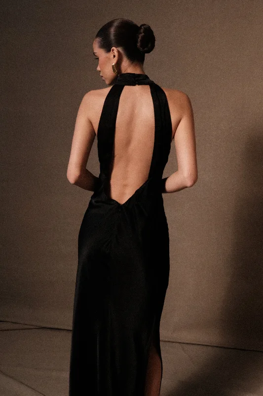 Cotton maxi dresses for a comfortable and everyday - wear optionClaire Satin Drape Back Maxi Dress with Split - Black Cotton maxi dresses for a comfortable and everyday - wear optionClaire Satin Drape Back Maxi Dress with Split - Black