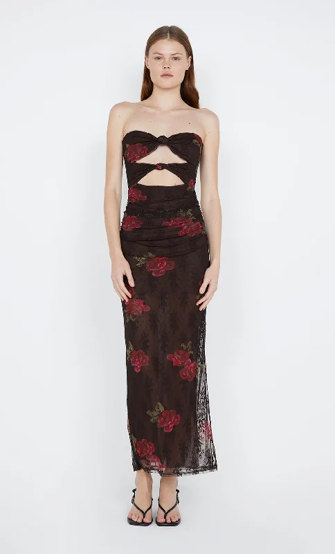 Maxi dresses with a ruched bodice for a more form - fitting and feminine shapeDESERT ROSE STRAPLESS DRESS - CHOC FLORAL Maxi dresses with a ruched bodice for a more form - fitting and feminine shapeDESERT ROSE STRAPLESS DRESS - CHOC FLORAL