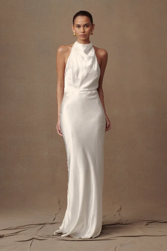 Maxi dresses with pom - pom trims for a playful and festive lookEsther Iridescent Satin Cowl Maxi Dress - Ivory Maxi dresses with pom - pom trims for a playful and festive lookEsther Iridescent Satin Cowl Maxi Dress - Ivory