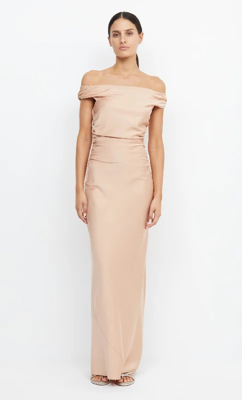 Maxi dresses with a paisley print for a classic and elegant styleETERNITY OFF SHOULDER MAXI - ROSE GOLD