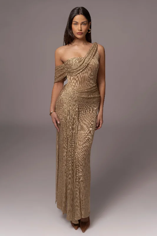 Satin maxi dresses with a high - low hem for a modern twistGold Draped Metallic Maxi Dress Satin maxi dresses with a high - low hem for a modern twistGold Draped Metallic Maxi Dress