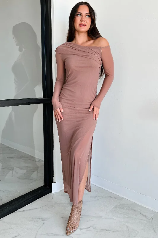 Denim maxi dresses with frayed hems for a casual lookLeading Lady Energy Off The Shoulder Mesh Maxi Dress (Mocha) Denim maxi dresses with frayed hems for a casual lookLeading Lady Energy Off The Shoulder Mesh Maxi Dress (Mocha)