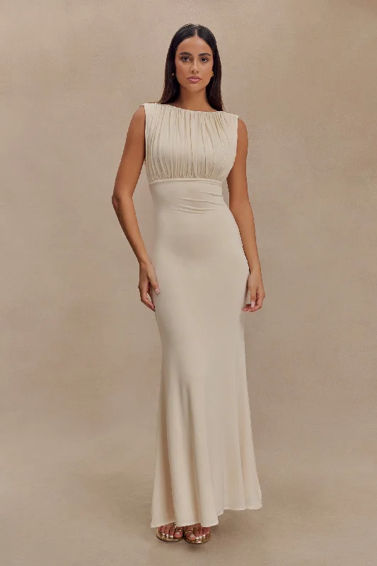 Maxi dresses with pom - pom trims for a playful and festive lookMalia Slinky Ruched Maxi Dress - Ivory Maxi dresses with pom - pom trims for a playful and festive lookMalia Slinky Ruched Maxi Dress - Ivory