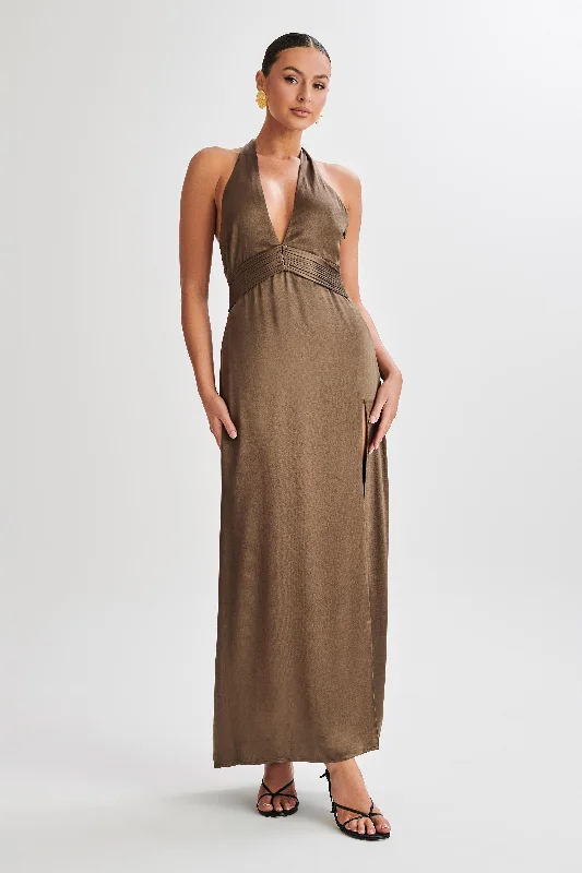 Maxi dresses with off - the - shoulder styles for a romantic and breezy lookMilana Halter Maxi Dress - Khaki Maxi dresses with off - the - shoulder styles for a romantic and breezy lookMilana Halter Maxi Dress - Khaki