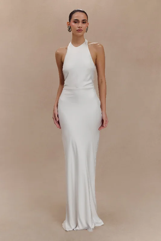 Maxi dresses with beaded embellishments for a fancy and luxurious eventRinna Satin Halter Maxi Dress - Ivory