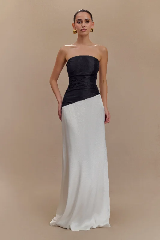 Maxi dresses with ribbed textures for a unique and tactile lookSerena Strapless Taffeta Maxi Dress - White/Black