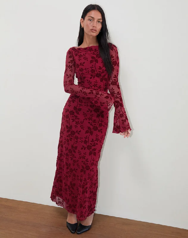 Maxi dresses with a belted empire waist for a more defined and flattering silhouetteSlokya Long Sleeve Maxi Dress in Vine Floral Flock Cherry Maxi dresses with a belted empire waist for a more defined and flattering silhouetteSlokya Long Sleeve Maxi Dress in Vine Floral Flock Cherry