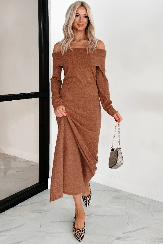 Maxi dresses with a belted empire waist for a more defined and flattering silhouetteTanya Off The Shoulder Sweater Maxi Dress (Brown) Maxi dresses with a belted empire waist for a more defined and flattering silhouetteTanya Off The Shoulder Sweater Maxi Dress (Brown)