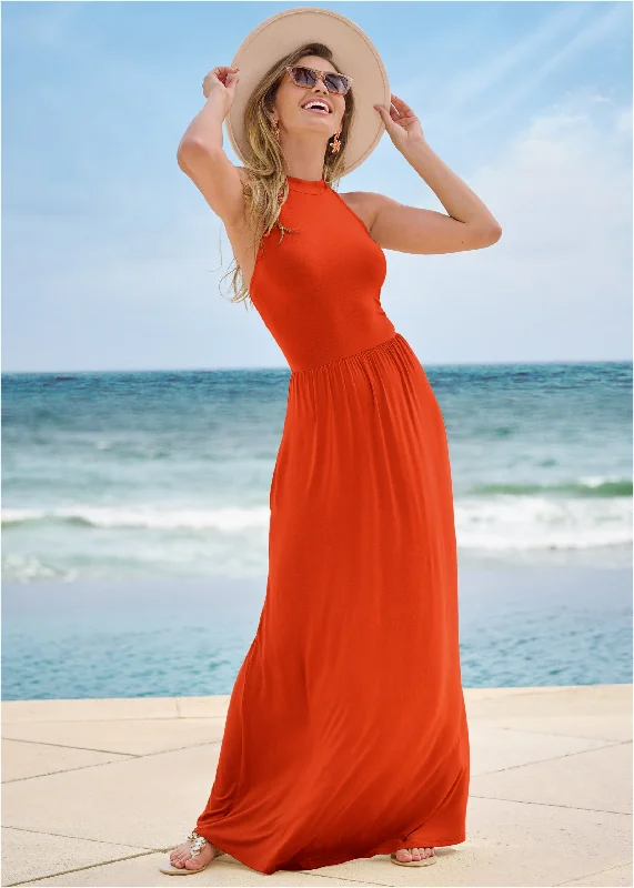 Maxi dresses with a ruched bodice for a more form - fitting and feminine shapeHigh Neck Maxi Dress - Tangerine Tango Maxi dresses with a ruched bodice for a more form - fitting and feminine shapeHigh Neck Maxi Dress - Tangerine Tango