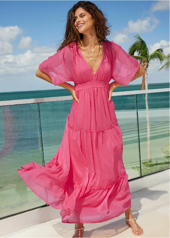 Cotton maxi dresses for a comfortable and everyday - wear optionFlutter Sleeve Maxi Dress - Hot Pink