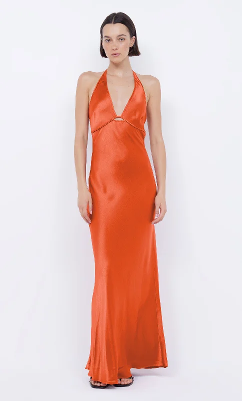 Leather maxi dresses for an edgy and bold appearanceZARIAH HALTER DRESS - FIRE RED