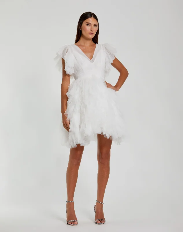 Mini dresses with tassel accents for a fun touchFlutter Ruffle Sleeve Tiered Dress
