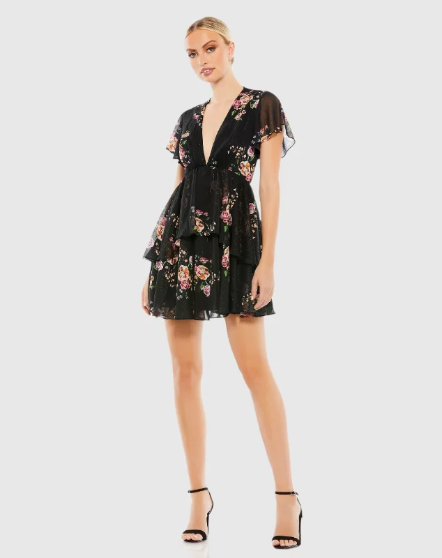 Floral print mini dresses for summer partiesTiered Ruffle Floral Print V Neck Butterfly Sleeve Floral print mini dresses for summer partiesTiered Ruffle Floral Print V Neck Butterfly Sleeve