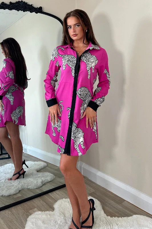 Cotton mini dresses for a comfortable everyday optionAlana Pink Cheetah Print Mini Shirt Dress